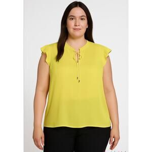 Calvin Klein Cap Sleeve Bright Yellow Cut Out Tie Blouse Top 2X Business Casual